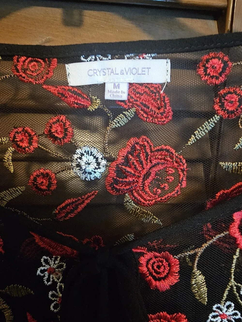 Crystal & Violet Black Embroidered Boho Blouse — Size Medium